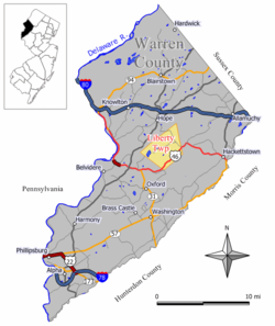 Location of Liberty Township in Warren County highlighted in yellow (right). Inset map: Location of Warren County in New Jersey highlighted in black (left).