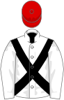 White, black cross-belts, red cap