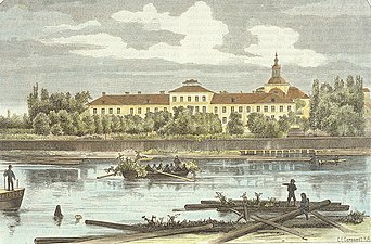 The Serafimerlasarettet as it looked in 1868, from across Klara Sjö
