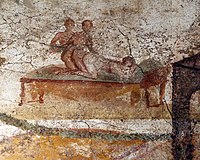 Sex between a female and two males. Wall painting. Suburban baths, Pompeii. 62 to 79 CE