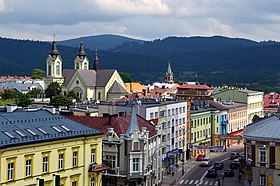 Town panorama with the Cathedral and the Carpathian Mountains in the background.
