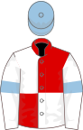 Red and white (quartered), white sleeves, light blue armlets, light blue cap