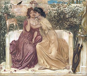 Two seated women embrace. A lyre is propped up beside them.