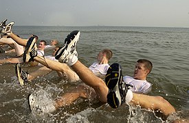 Naval Sea Cadets take part in a rigorous exercise routine while participating in Diver/Explosive Ordnance Disposal (EOD) Special Operations Program training.