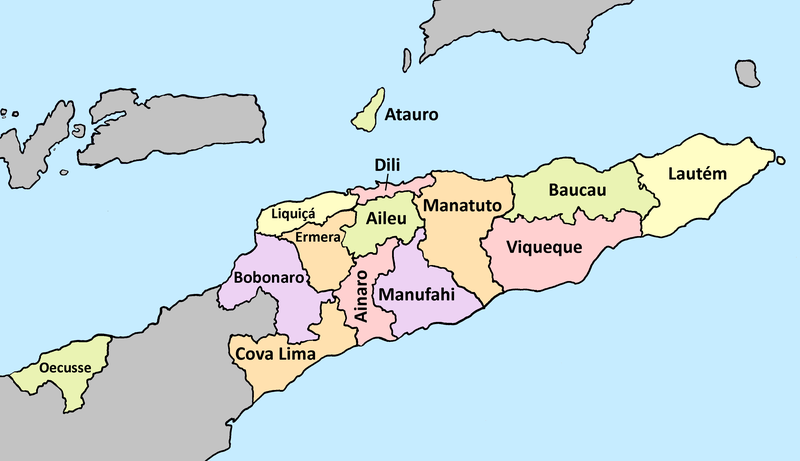 A clickable map of East Timor exhibiting its 14 administrative municipalities.