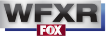 In a silver box with a blue drop shadow, the black letters WFXR in a sans serif. Mounted below and slightly overlapping is a red box with the Fox network logo in white.