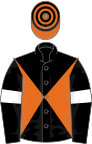 Black and orange diabolo, black sleeves, white armlets, orange and black hooped cap