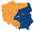 Administrative map of Poland with results of the 2007 elections to the Senate of Poland; orange: Civic Platform, navy blue: Law and Justice