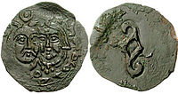 Hephthalite coin of the Principality of Chaghaniyan, with the two busts of a crowned King and Queen, in Byzantine fashion, circa 550-650 CE.[6][3]