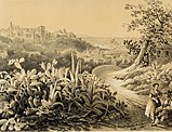 View of the Alhambra from the cactuses of the Sacro Monte by Francesc Xavier Parcerisa in 1850, published in the journal illustration book Recuerdos y bellezas de España.
