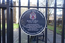 Plaque for Ann Fisher Fisher at St John the Baptist's Church, Newcastle upon Tyne