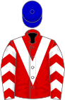 Red, white chevron, red and white halved sleeves, blue cap
