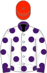 White, purple spots, collar and cuffs, scarlet cap