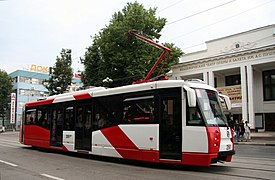 The 71-153 model tramcar on Belinskiy Street, Nizhny Novgorod, Russia.