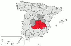 In red, location of the natural region of La Mancha. In dark gray, present-day Castilla–La Mancha autonomous community territories not included in historical La Mancha.