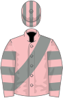 Pink, grey sash, hooped sleeves, striped cap