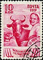 Dairy farming, milkmaid with prize cow, All-Union Agricultural Exhibition