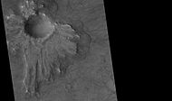 Pedestal crater, as seen by HiRISE under HiWish program The ejecta is not symmetrical around crater because the asteroid came at a low angle out of the North East. The ejecta protected the underlying material from erosion; hence the crater looks elevated. The location is Casius quadrangle.
