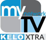 The MyNetworkTV logo below a blue box with the letters K E L O in white and a white box with the letters X T R A in black