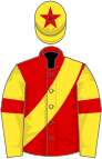 Red, yellow sash, yellow sleeves, red armlets, yellow cap, red star