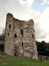A stone tower on ground sloping downwards from left to right. There are openings in the tower marking where windows would have been.
