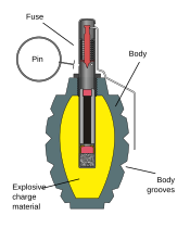 Cutaway view of a Russian F1 fragmentation grenade showing firing pin