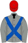 Grey, royal blue cross belts, red cap