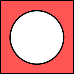 An unfilled circle inside a square. The area inside the square not covered by the circle is filled with red. The borders of both the circle and the square are black.