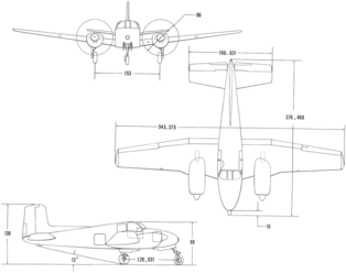 3-view line drawing of the Beechcraft L-23A Seminole