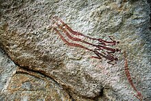 Rock painting of three figures with vapor trails near Bongani in southern Nsikazi