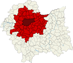Dark red - Kraków city, red - surrounding powiats