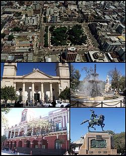 (From top to bottom; from left to right) Aerial view of the city; Santiago del Estero Cathedral; Plaza Libertad; Santiago del Estero Cultural Complex and Monument to Belgrano