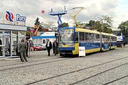Refurbished Tatra 3-carriage tram on display