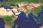 Map of Eurasia with silk roads marked