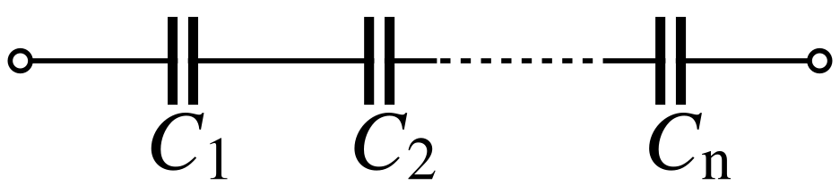 A diagram of several capacitors, connected end to end, with the same amount of current going through each.