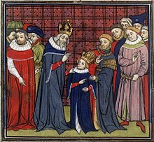 Miniature of Charlemagne talking to his son, with other men nearby
