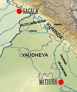 Location of the Pauravas relative to other groups: the Audumbaras, the Kunindas, the Vemakas, the Vrishnis, and the Yaudheyas.