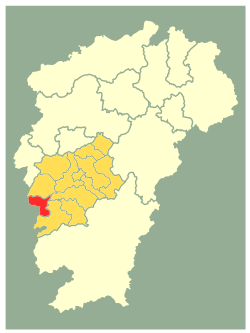 Location of Jinggangshan City (red) within Ji'an City (gold) and Jiangxi