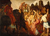 The Stoning of Saint Stephen (1625), Rembrandt's first painting completed at the age of 19.[151] It is currently kept in the Musée des Beaux-Arts de Lyon.