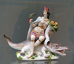 Rococo personification of the Americas with an alligator, a parrot, and a cornucopia, all symbols of the New World, designed by Johann Joachim Kändler and produced by the Meissen Porcelain Factory, c.1760, porcelain, Wadsworth Atheneum, Hartford, Connecticut, US