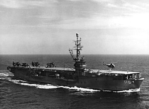 An aerial view of USS Point Cruz (CVE-119), 25 June 1955.