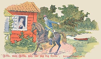 A serenade at Fiskartorpet:[23] Coloured postcard of Epistle 71, Ulla! min Ulla!, with Fredman on his horse, and Ulla Winblad at her window, 1903