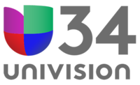 At left, the Univision logo, consisting of red, purple, green and blue blocks in the shape of a U. At right, a gray 34 in a sans serif. Below both, a gray Univision wordmark in stylized unicase.
