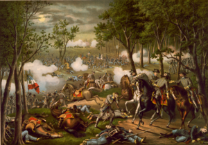 A painting depicting an ongoing battle, with smoke billowing, and the bodies of horses and uniformed man blanketing the field, with a canopy of trees overhead