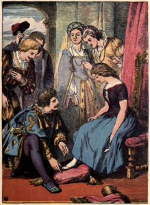 Cinderella trying on the slipper, 1865 edition