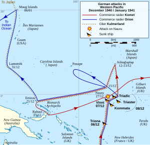 Map of the South Pacific showing the routes taken by the German ships and locations where Allied ships were sunk as described in the article