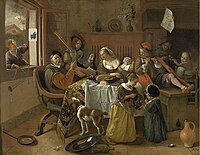 A mock-up of The Happy Family by Jan Steen (1668) with The Goldinch (outlined in white) on the window jamb to show how it might have been displayed.[b]