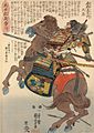 An Edo period wood block print of a samurai wearing armour, mounted and in battle.