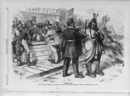1871 Nast cartoon: "Move on! Has the Native American no rights that the naturalized American is bound to respect?"[b]