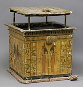 Yellow box painted with goddesses and text